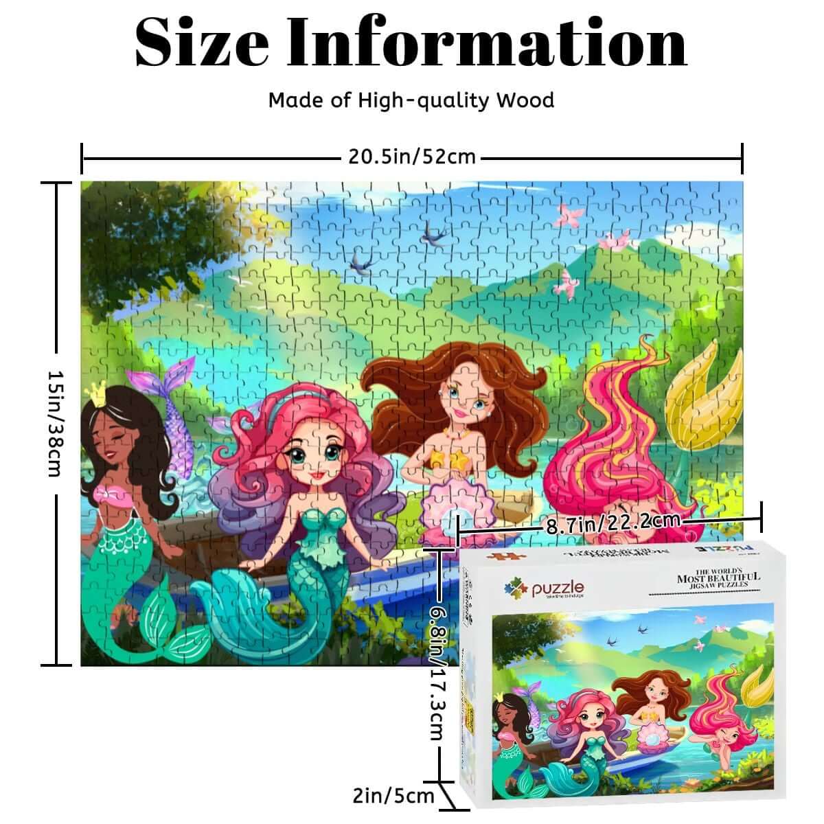 Holzpuzzle, 500 Teile (horizontal) mit bunten Meerjungfrauen auf Holz, 52 x 38 cm, hochwertig und langlebig.