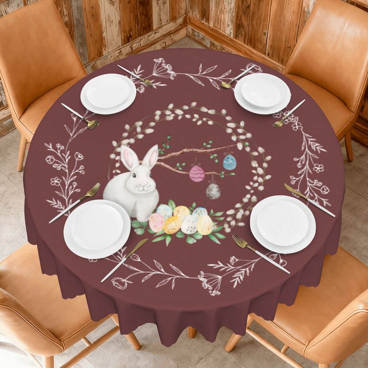 Runde Tischdecke mit gewelltem Rand, 60 Zoll Ostermotiv auf Holztisch mit Osterhasen und Eiern, geeignet zum Schutz und Dekorieren.