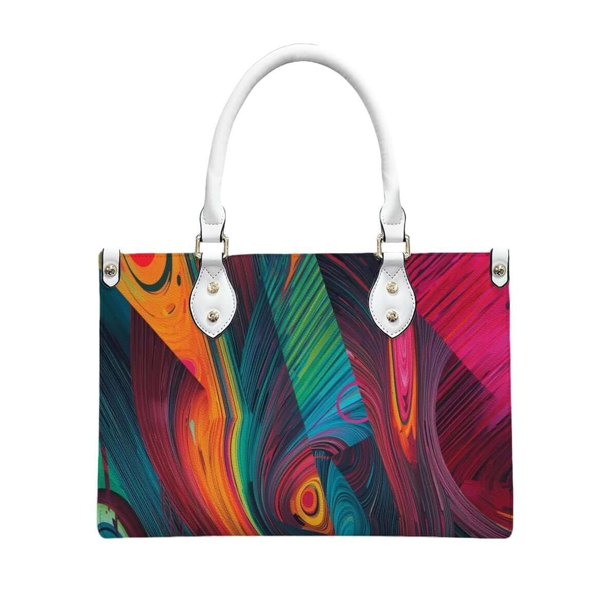 Colorful patterned PU Tote Bag for Women with white handles, featuring UV printing on high-quality PU material.