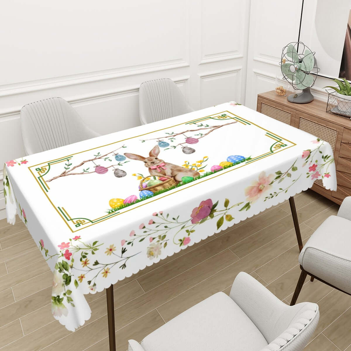 Rechteckige Tischdecke mit Wellenrand Ostermotiv, 100% Polyester, Osterdesign, wasserdicht, dekorativ, Tischschutz, 72"x54"