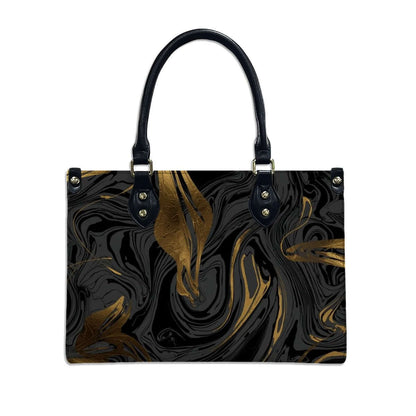 PU-Tragetasche für Damen mit schwarzem und goldenem Muster, UV-Druck, schwarzer Griff, multifunktional, inkl. Aufbewahrungsbeutel-Set (2 Stück)