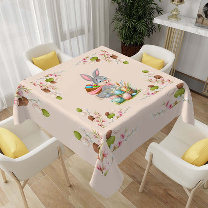 Quadratische Tischdecke Ostermotiv in Pastelltönen mit Osterhasen-Design, wasserabweisend, Größe 54x54 oder 60x60, aus Polyester.
