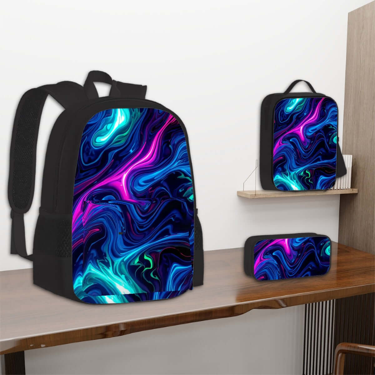 3er-Set Taschen (Oxford-Rucksack, Lunchtasche &amp; Federmäppchen) mit abstraktem Design, strapazierfähigem Oxford-Stoff in modernen Farben