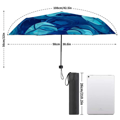 UV-Schutz-Regenschirm mit blauer Musterung, offen und zusammengefaltet, mit Größenangaben in Zentimetern und Zoll, Details ansehen