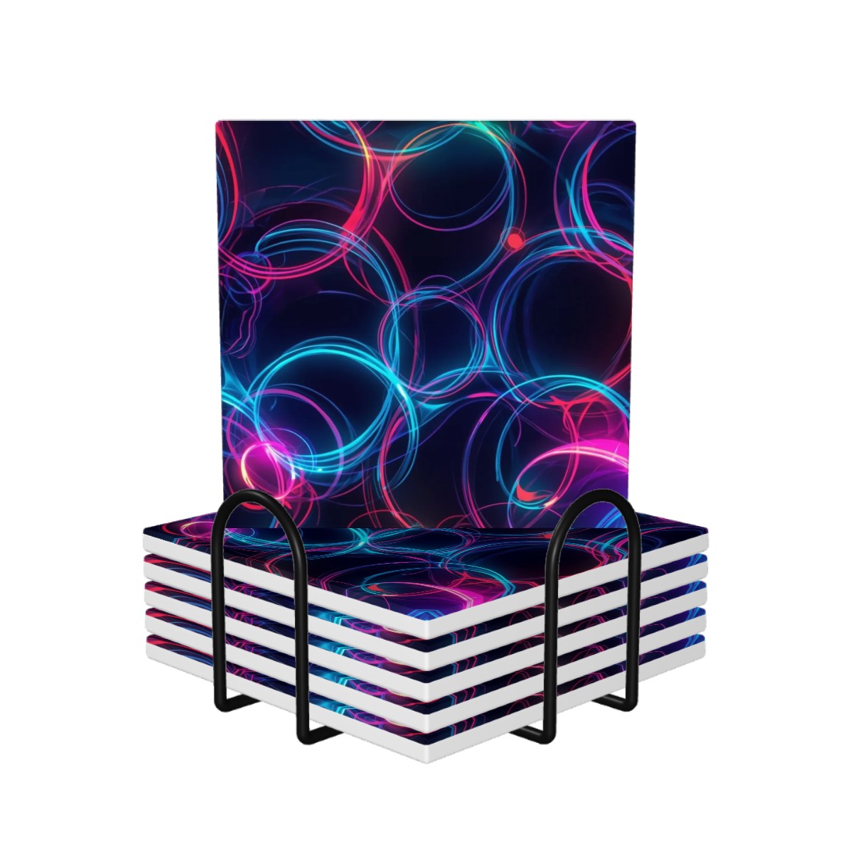 Quadratische Keramikuntersetzer, 6 Stück, mit buntem Kreisdesign in einem schwarzen Halter