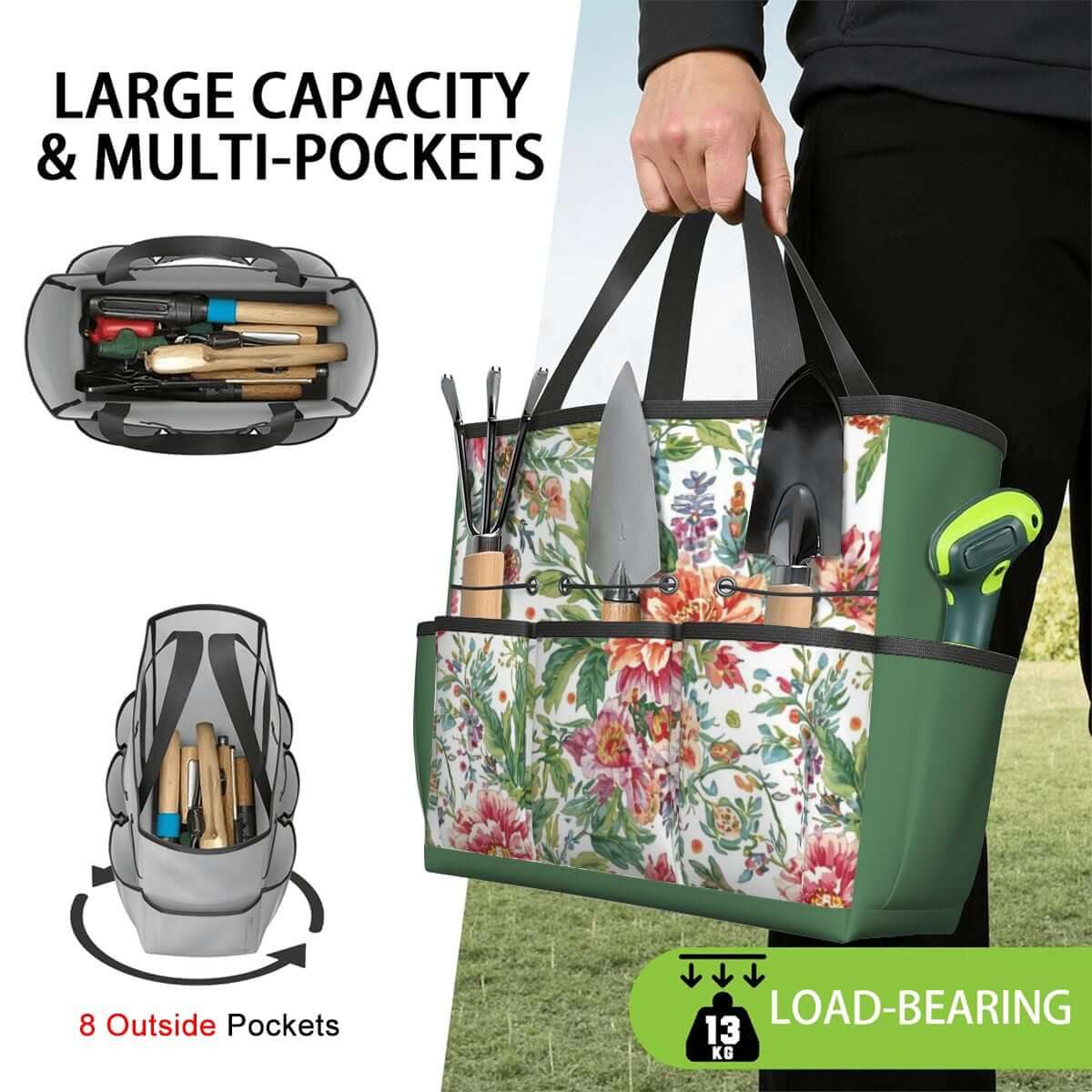 Gartengerätetasche aus Oxford-Stoff mit Blumendesign, große Kapazität, wasserdicht, 8 Außentaschen, ideal für Gartenwerkzeuge.