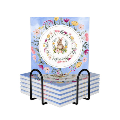 Quadratische Keramikuntersetzer, 6 Stück im Halter, floral dekoriert, umweltfreundliche Keramik mit UV-Druck und Wasserabsorptionsfähigkeit