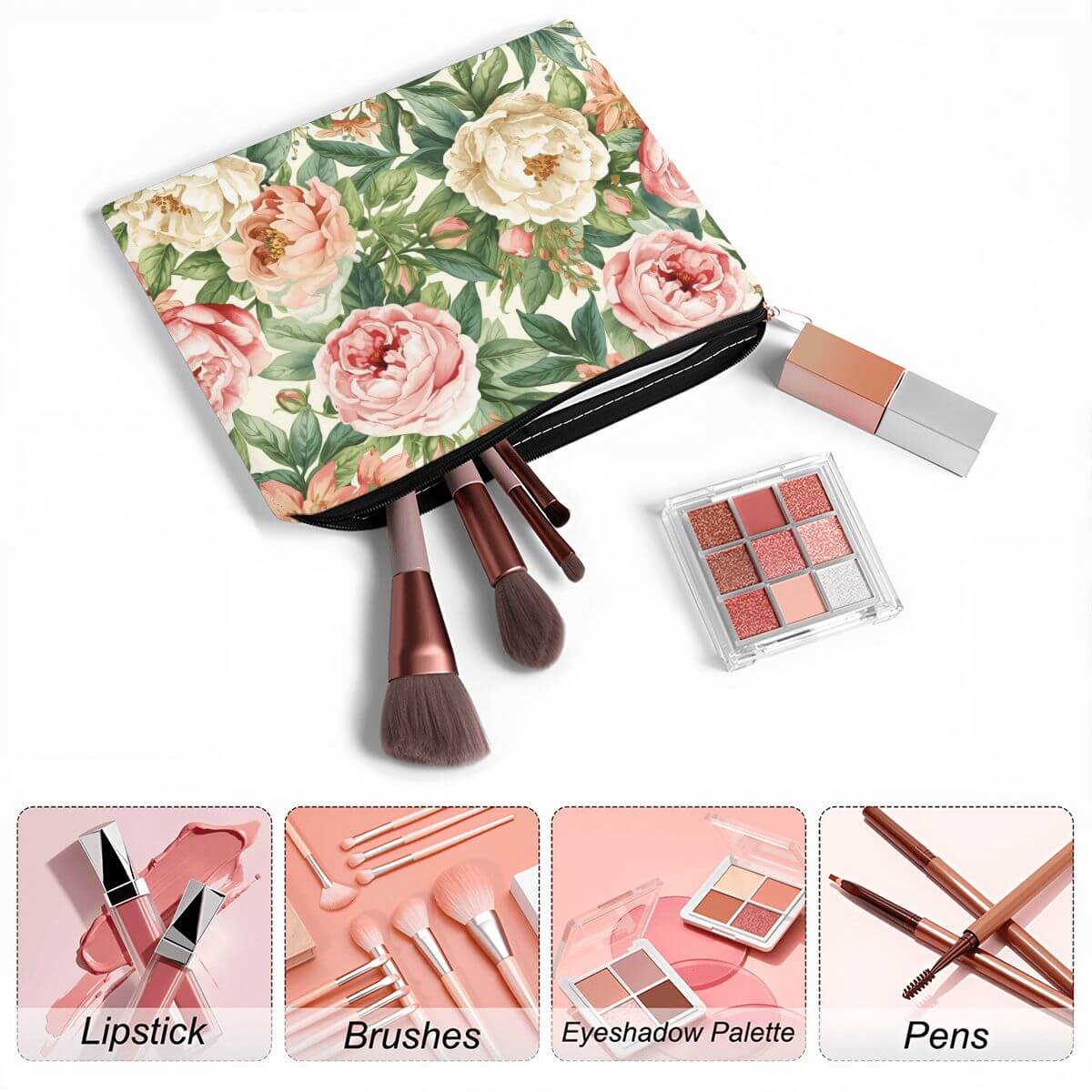 Reise-Kosmetiktasche mit Blumenmuster aus Polyester, inklusive Make-up-Pinsel und Lidschattenpalette, ideal für Reisen. Details für Reise-Kosmetiktasche ansehen.