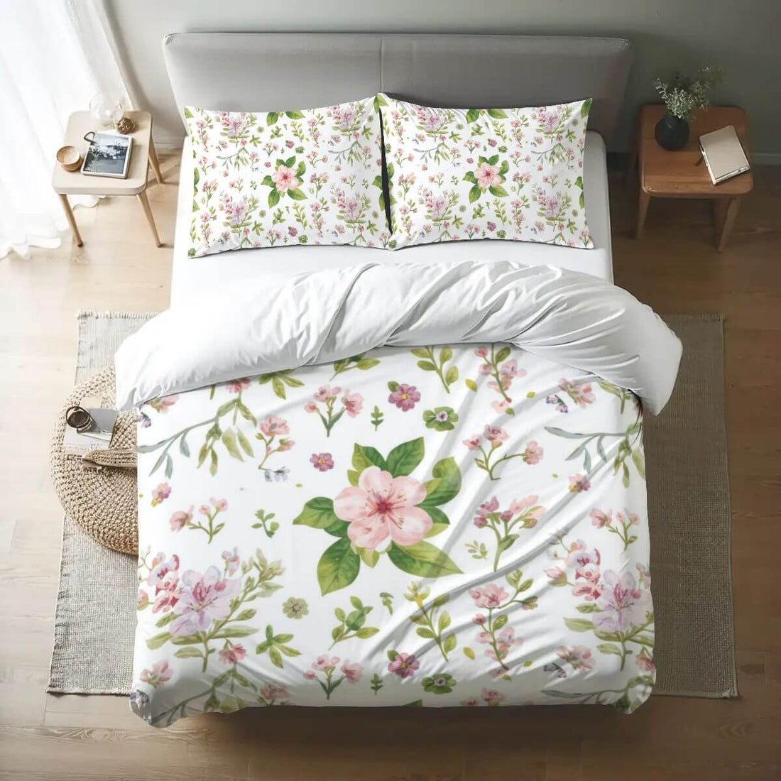 Queen-Bettwäsche-Set mit Blumendesign auf Bettdecke und Kissenbezügen, aus hochwertigem 90GSM Polyester, ideal für Komfort und Eleganz.
