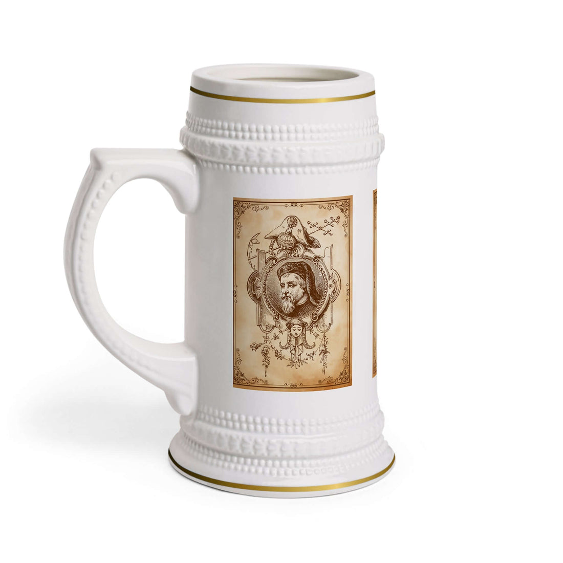 Bierkrug mit Porträtmotiv – Antikes Sepia-Gentleman-Design Ein Bierkrug, der Geschichte erzählt und Eleganz ausstrahlt. Das antike Sepia-Design mit Gentleman-Porträt macht ihn zu einem besonderen Sammlerstück und Alltagsbegleiter:  Design: Klassisches Por