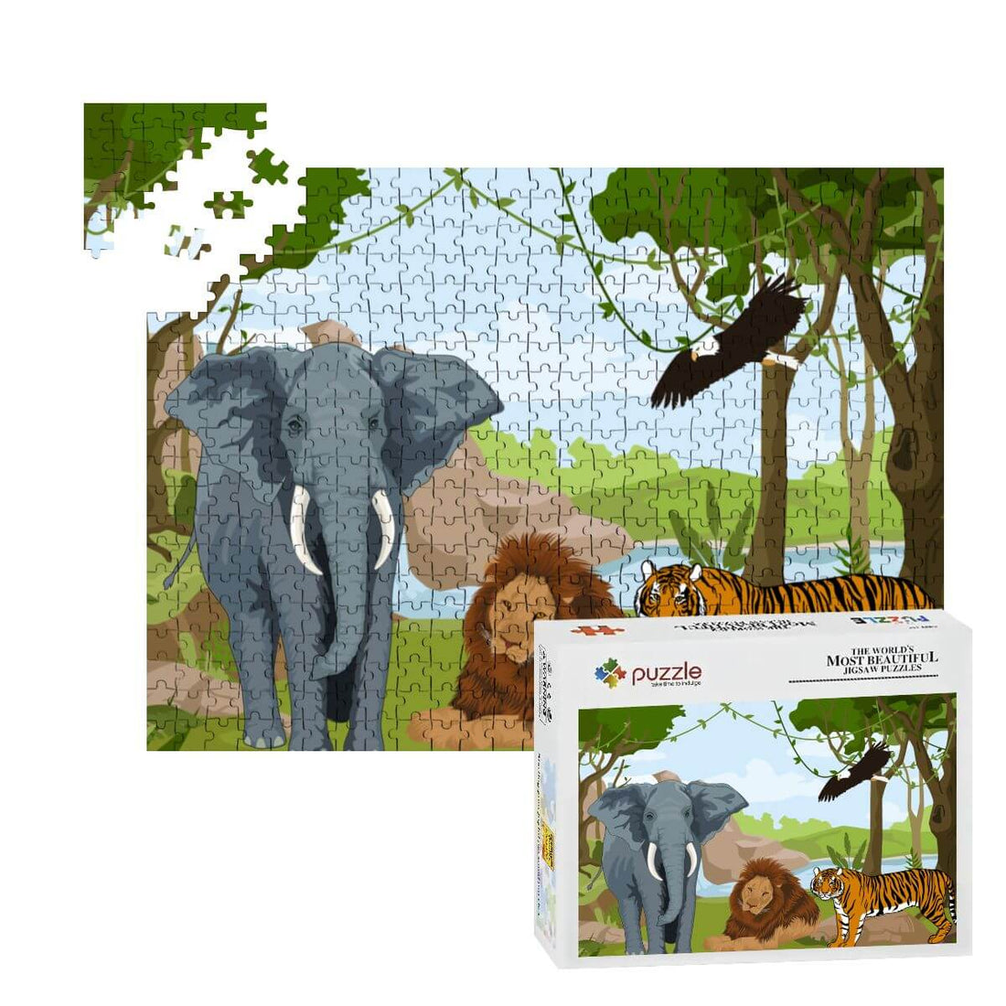 500-teiliges Holzpuzzle (horizontal) mit Elefant, Löwe und Tiger auf der Verpackung und im Entstehungsprozess.