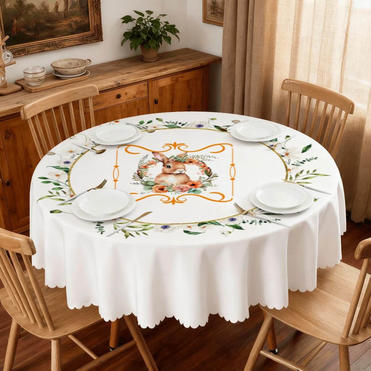 Runde Tischdecke mit gewelltem Rand, 60 Zoll Ostermotiv, aus 100% Polyester, wasserdicht und dekorativ für Tische, Frühlingsdesign.
