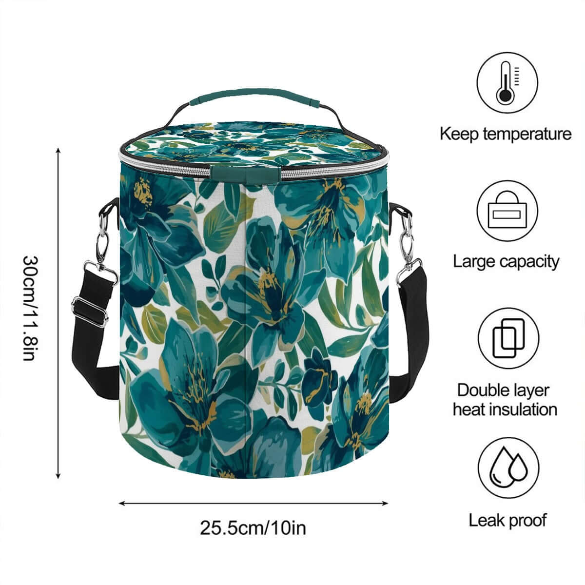 Camping-Kühltasche, tragbar, isoliert, wasserdicht, Polyester, 11,8x10 Zoll, sublimiertes Design, blau-grüne Blumenmuster