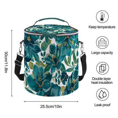 Camping-Kühltasche, tragbar, isoliert, wasserdicht, Polyester, 11,8x10 Zoll, sublimiertes Design, blau-grüne Blumenmuster