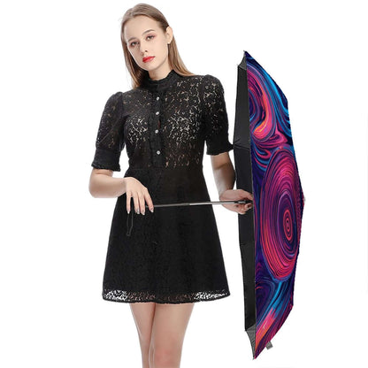 Frau hält UV-Schutz-Regenschirm mit einem einzigartigen einseitigen Druckdesign, ideal für UV-Schutz und Windbeständigkeit.