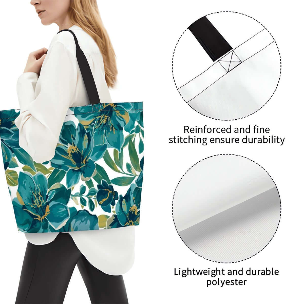 Große Schultertasche für Damen aus Polyester mit floralem Design, leicht und wasserabweisend, zeigt Detail von Nähten und Material.