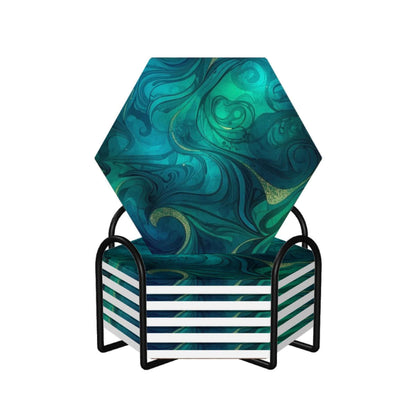 Sechseckige Keramikuntersetzer, 6er-Set mit blau-grünem Design, UV-Druck, umweltfreundlich, ausgezeichnete Wasseraufnahme, Korkboden.