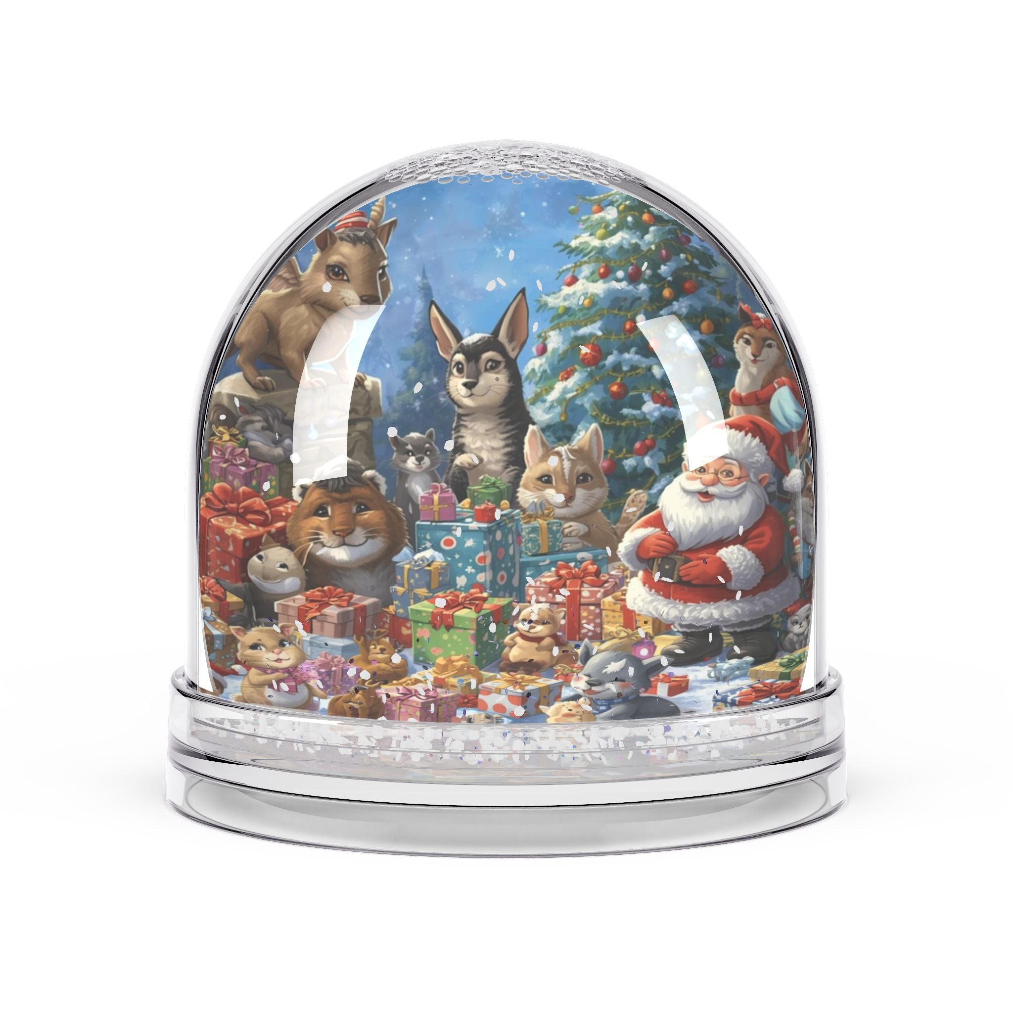 Festliche Schneekugel mit Weihnachtsmann und Tieren