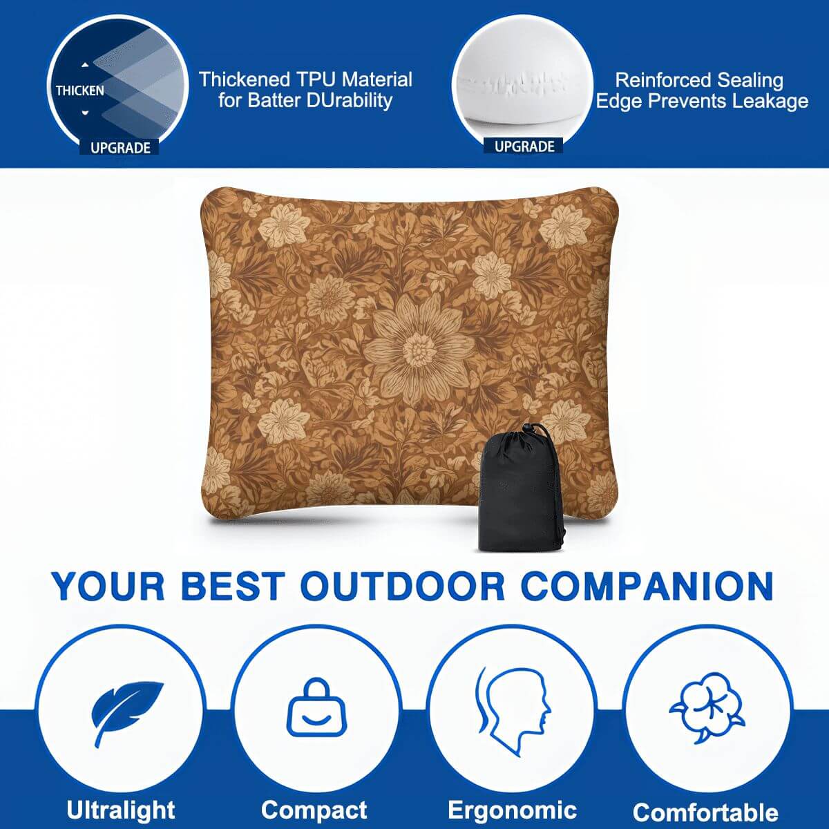 Video Aufblasbares Campingkissen mit Blumenmuster aus Polyester, 15,8"x12,6"x4,3", ultraleicht, kompakt und ergonomisch.