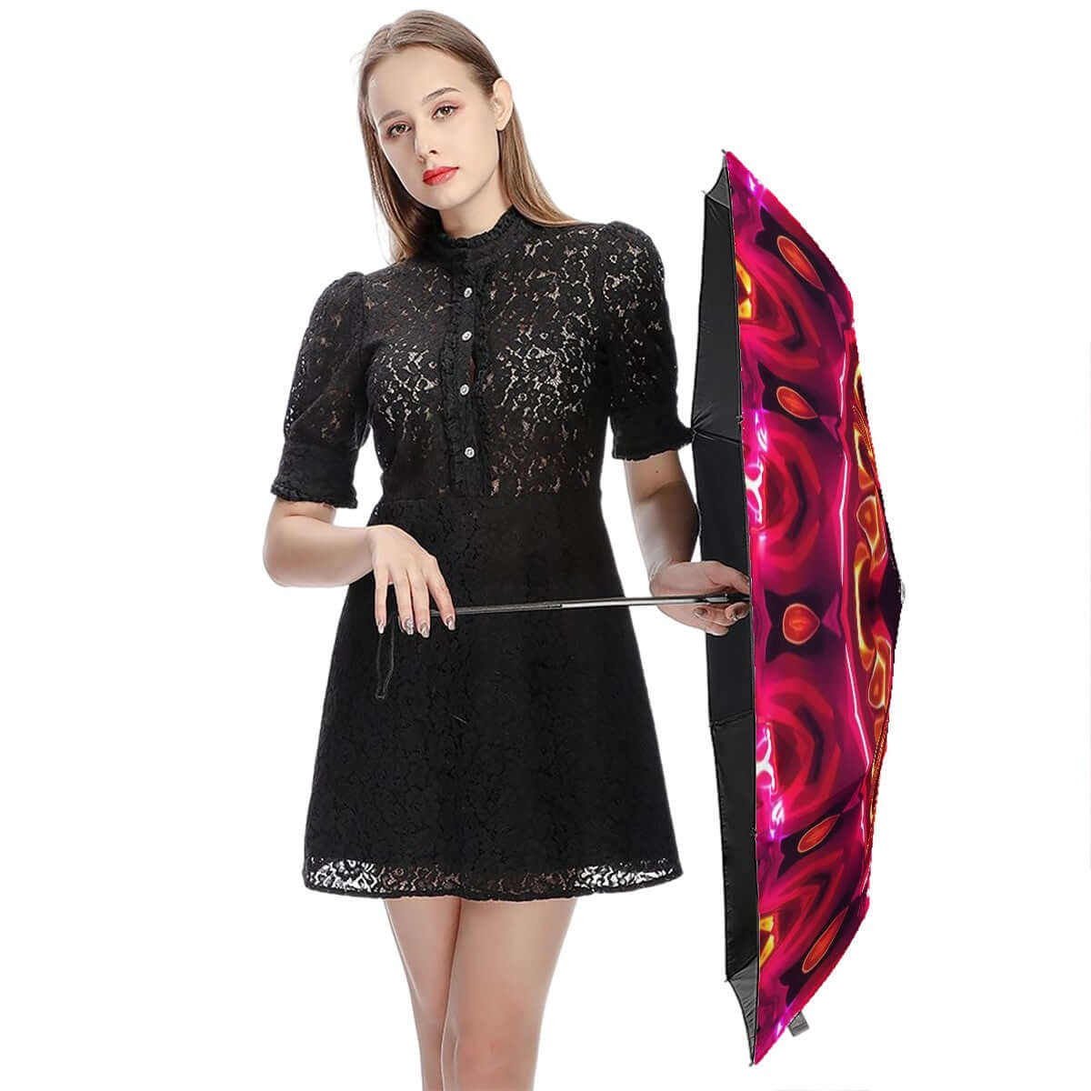 Frau hält UV-Schutz-Regenschirm mit buntem Muster, Details für UV-Schutz-Regenschirm ansehen