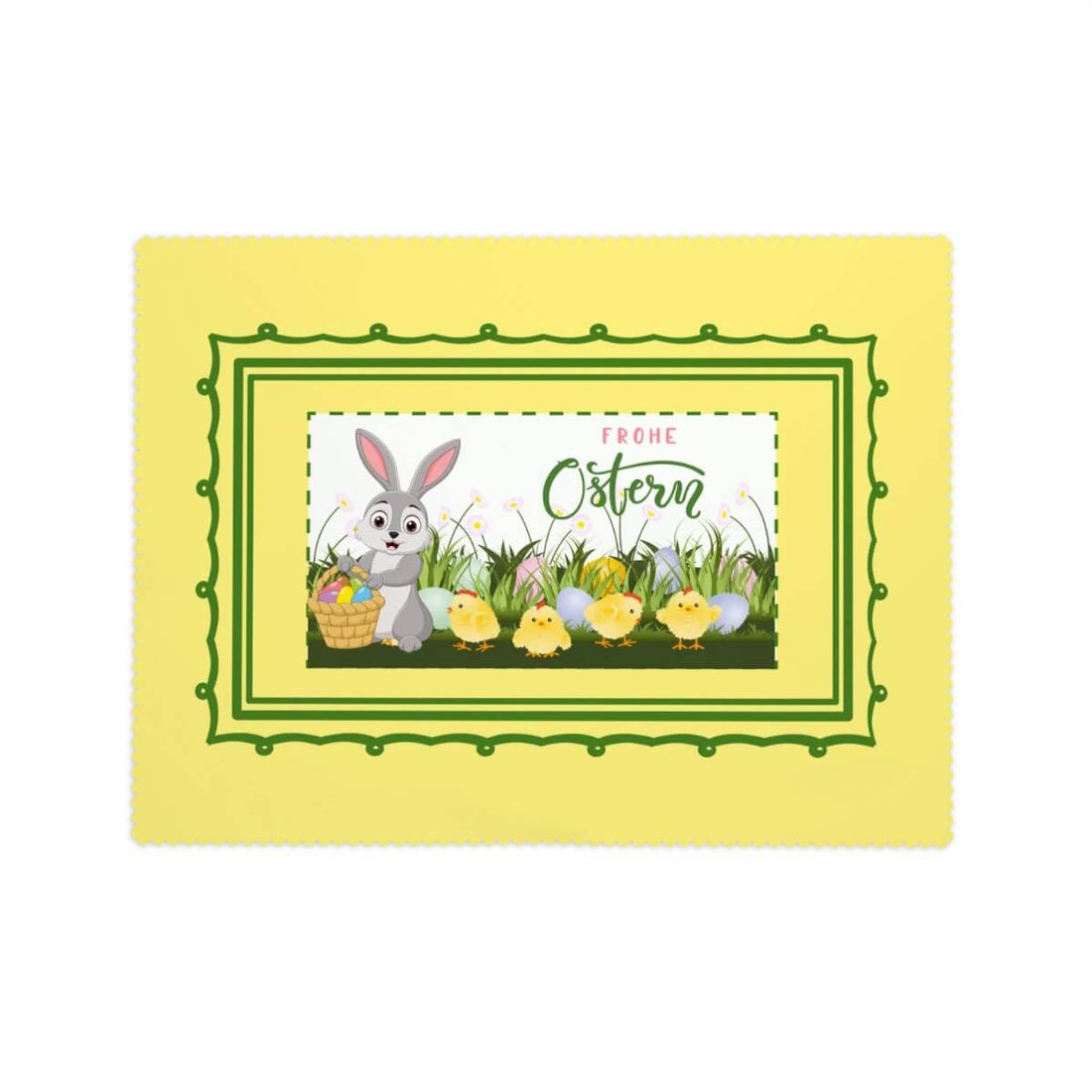 Rechteckige Tischdecke mit Wellenrand Ostermotiv, Osterhase und Küken-Design auf gelbem Hintergrund, 100 % Polyester, 72"x54"