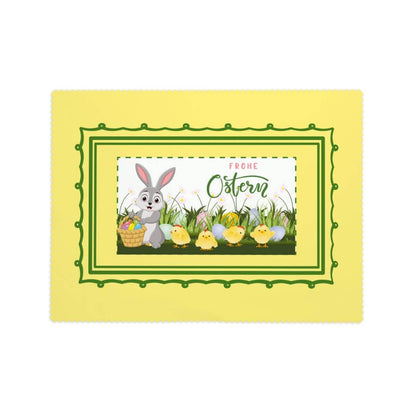 Rechteckige Tischdecke mit Wellenrand Ostermotiv, Osterhase und Küken-Design auf gelbem Hintergrund, 100 % Polyester, 72"x54"