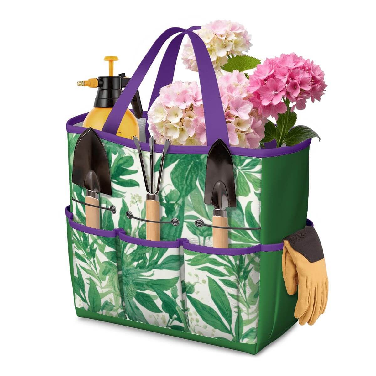 Gartengerätetasche aus Oxford-Stoff, wasserdicht, mit mehreren Taschen gefüllt mit Gartengeräten und Blumen, grüne Design-Details.