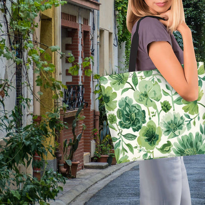 Frau mit großer Schultertasche für Damen im floralen Design, sublimationsgedruckt, aus wasserabweisendem Polyester.