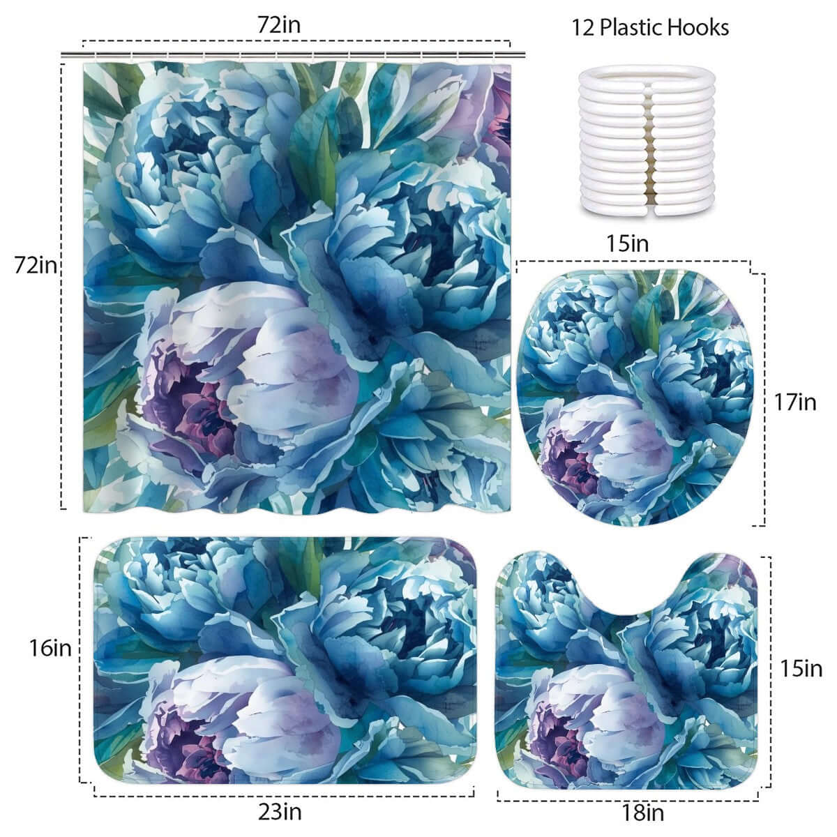 Badezimmerteppich-Set mit Duschvorhang, 4-teilig, aus Polyester mit Blumenmuster, enthält Teppich, WC-Abdeckung, U-förmiger Teppich.