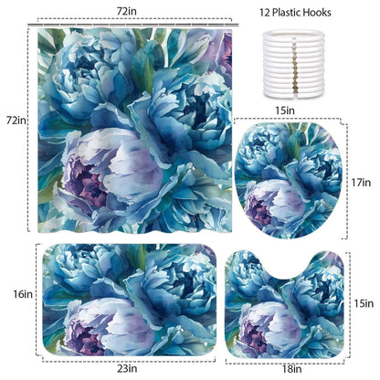 Badezimmerteppich-Set mit Duschvorhang, 4-teilig, aus Polyester mit Blumenmuster, enthält Teppich, WC-Abdeckung, U-förmiger Teppich.