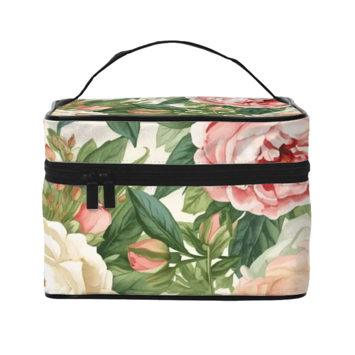 Tragbare Reise-Kosmetiktasche mit Blumendruck, aus Polyester, Größe 9,0"x6,7"x6,3", mit Reißverschluss und großem Stauraum.