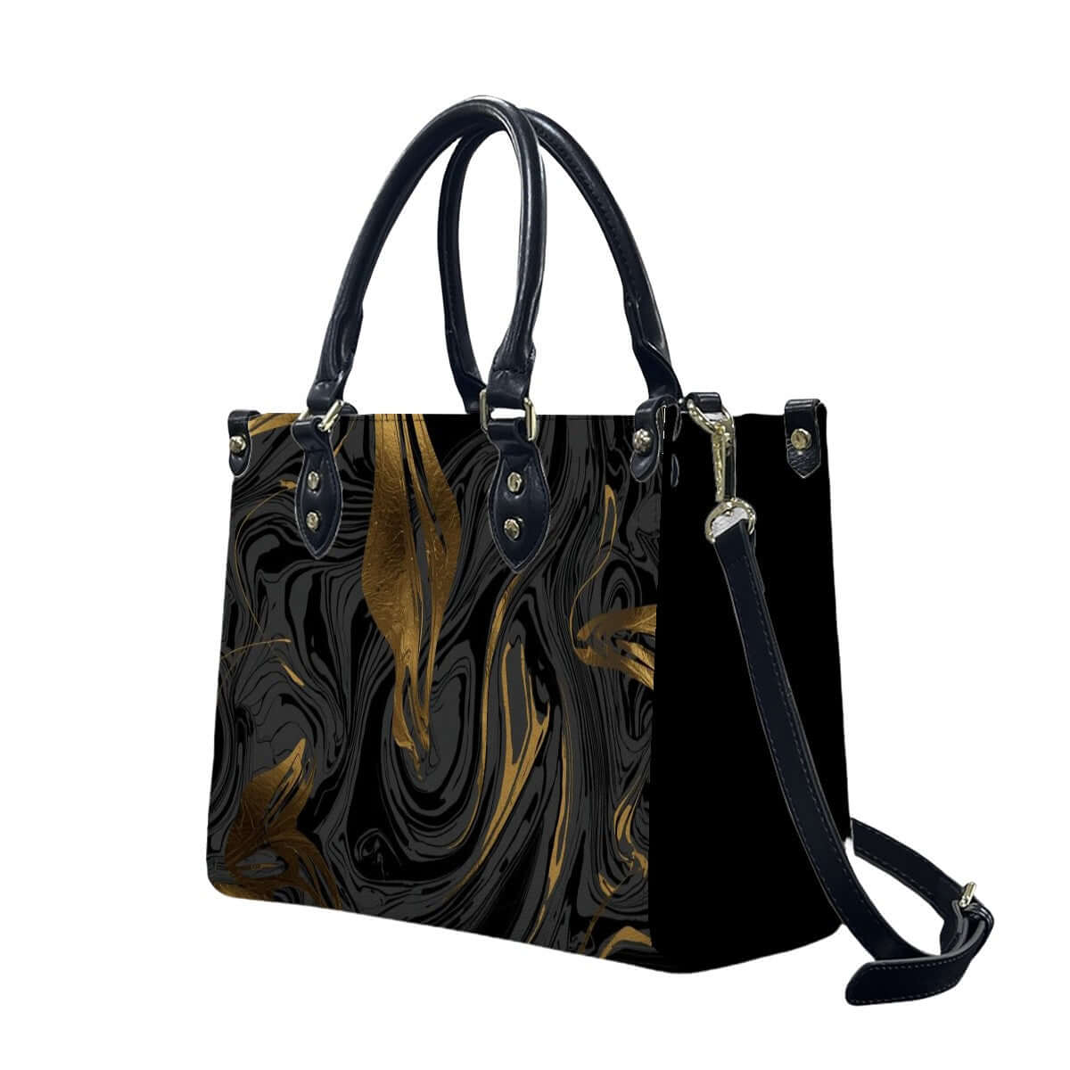 Elegante PU-Tragetasche für Damen mit schwarzem und goldenem Designmuster, ideal als Aufbewahrungsbeutel-Set. Erhältlich in verschiedenen Größen.