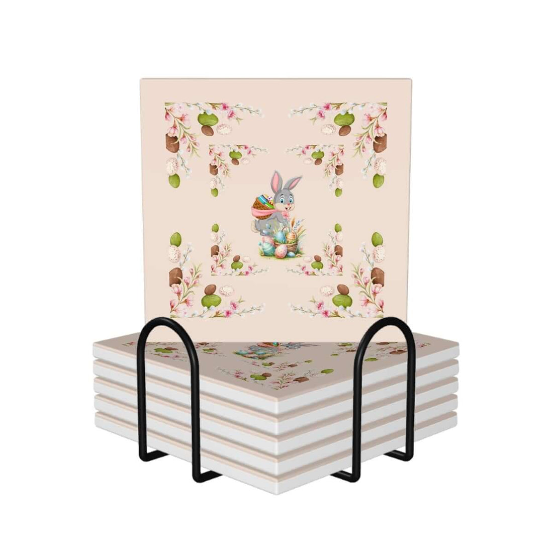 Quadratische Keramikuntersetzer, 6 Stück, mit Hasen- und Osterdesign, ideal für Ostern und Frühling, umweltfreundliches Keramikmaterial
