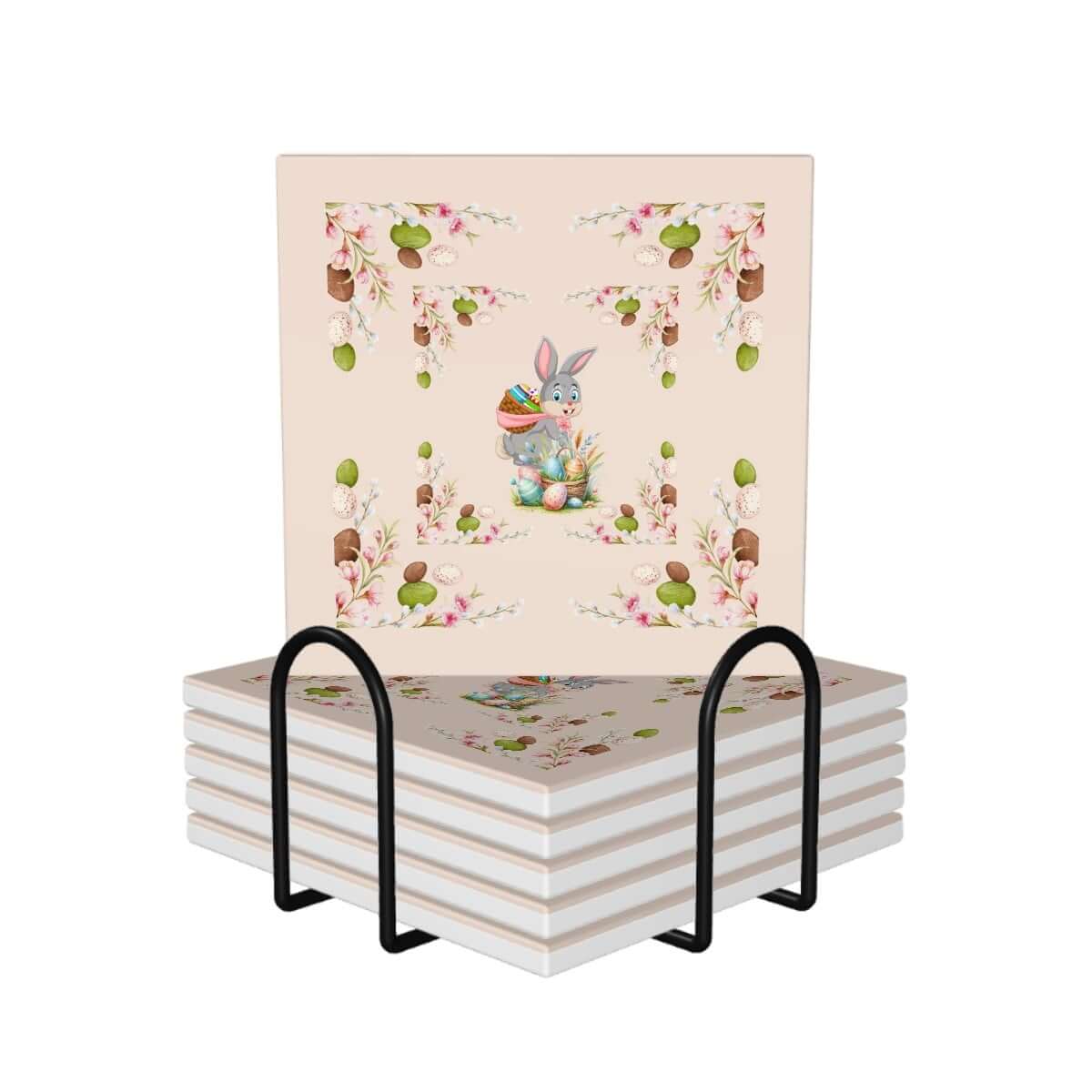 Quadratische Keramikuntersetzer, 6 Stück, mit Hasen- und Osterdesign, ideal für Ostern und Frühling, umweltfreundliches Keramikmaterial