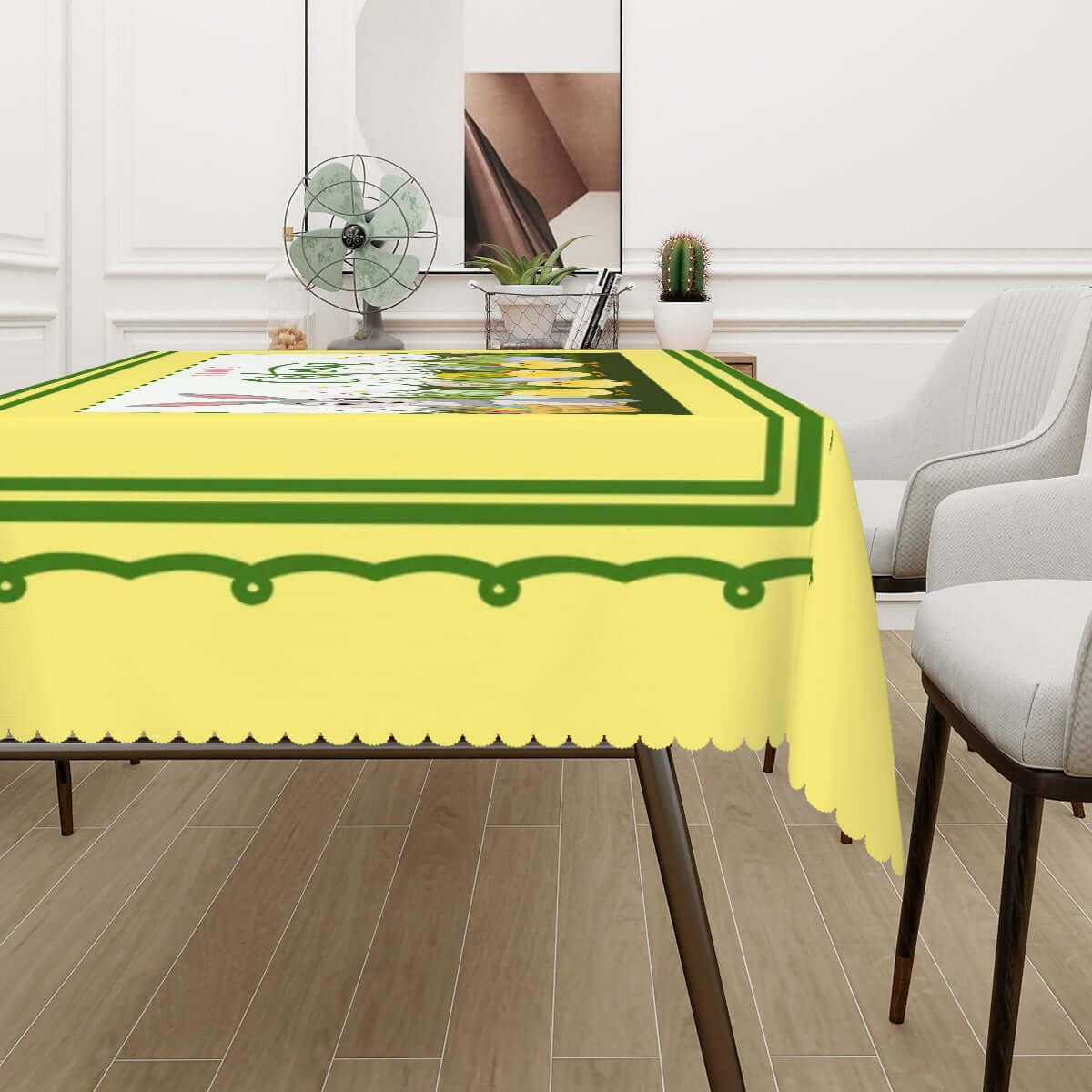 Rechteckige Tischdecke mit Wellenrand Ostermotiv aus Polyester, 72"x54", einseitiger Druck, dekoriert einen Tisch in einem modernen Raum.