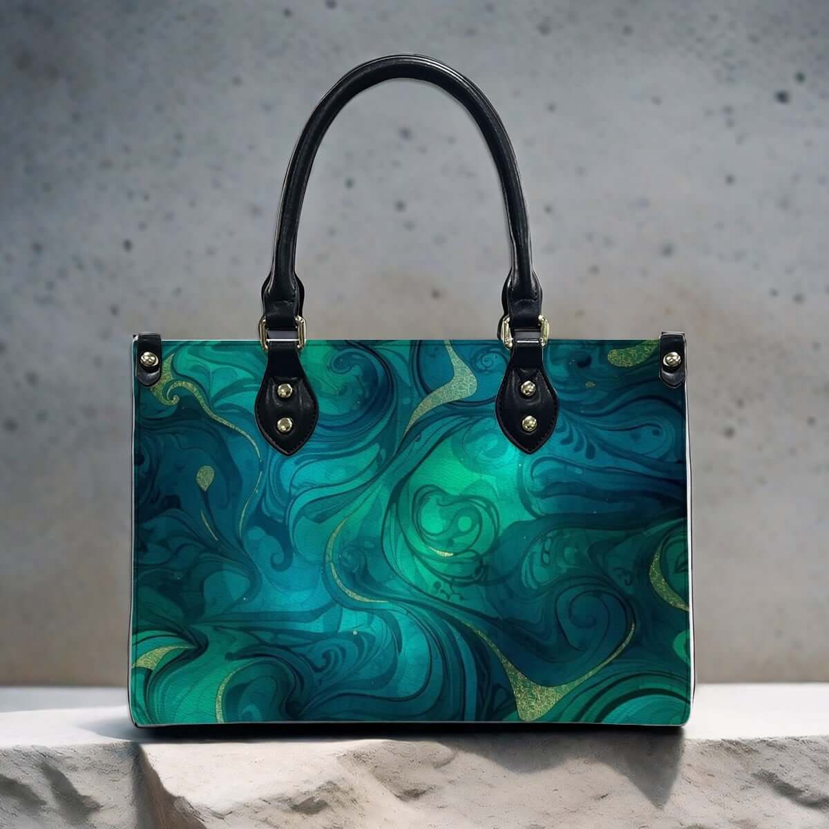 PU Tote Bag for Women with abstract blue and green pattern, black handles, and zipper, featuring high-quality PU material and UV printing.