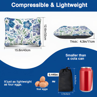 Video Aufblasbares Campingkissen, floral bedruckt, 15,8 x 12,6 x 4,3 Zoll, leicht wie 4 Eier und kleiner als eine Coladose.