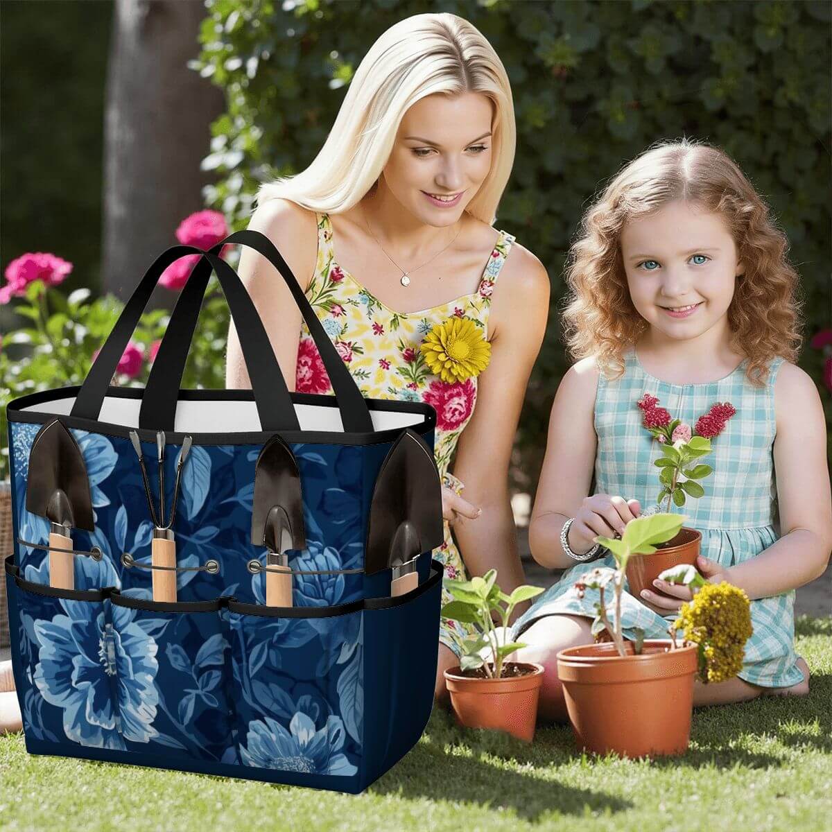 Gartengerätetasche aus Oxford-Stoff mit Blumendesign, ideal für Gartenzubehör, langlebig und wasserfest, perfekt für den Garten.