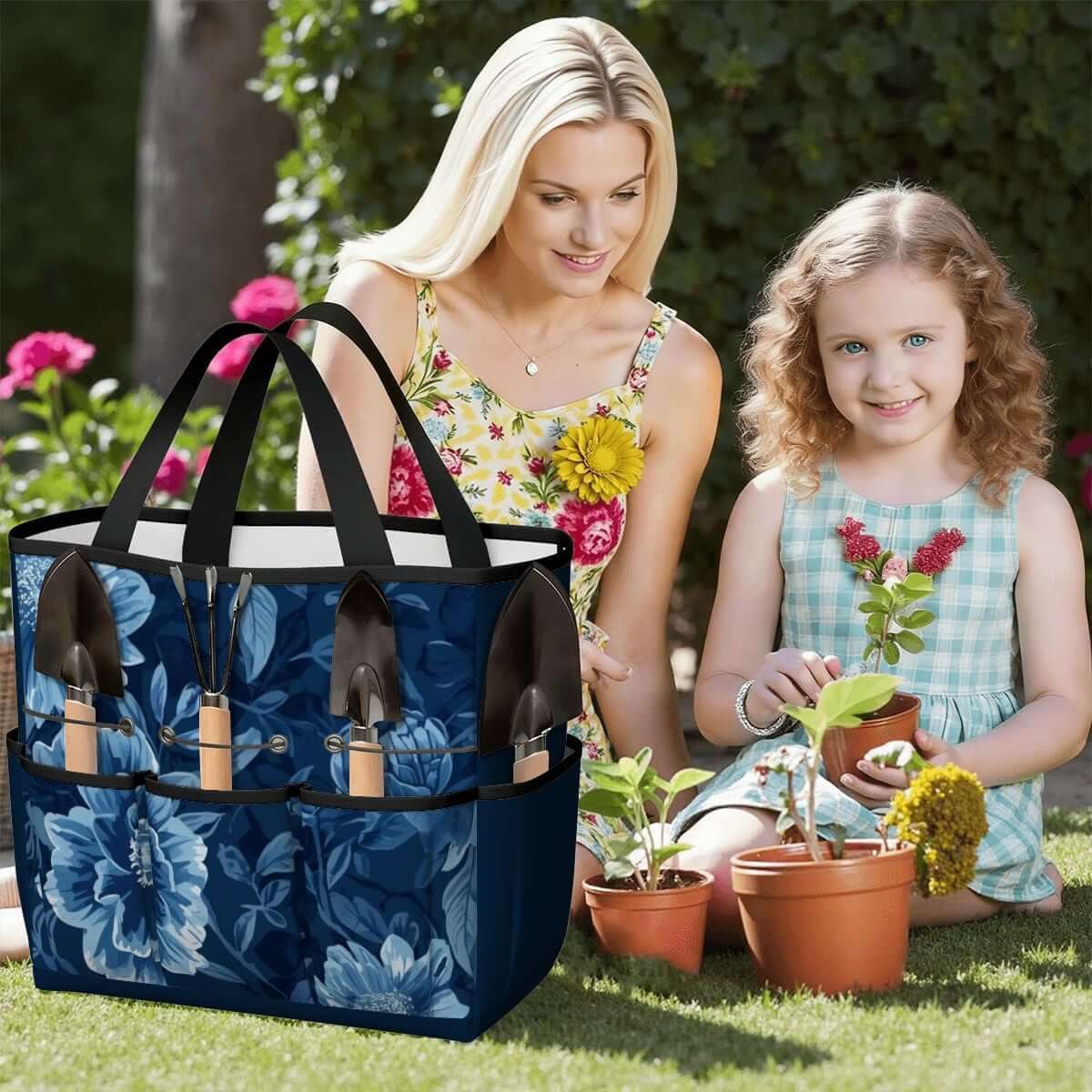 Gartengerätetasche aus Oxford-Stoff mit Blumendesign, ideal für Gartenarbeit, bietet große Kapazität und wasserdichte Funktionen.
