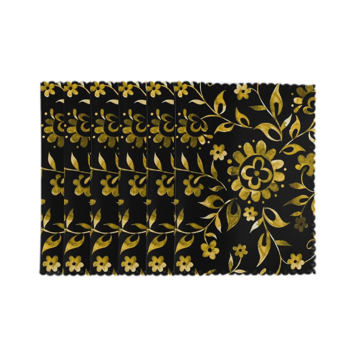 Hitzebeständige Tischsets, 6 Stück, Polyester, 18x12 Zoll, schwarzes Floralmuster, sublimationsgedruckt, robust und hitzebeständig