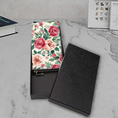 Clutch-Geldbörse für Damen aus PU mit floralem Design, 4,1"x7,9", doppelseitiger UV-Druck, schwarze Boxverpackung