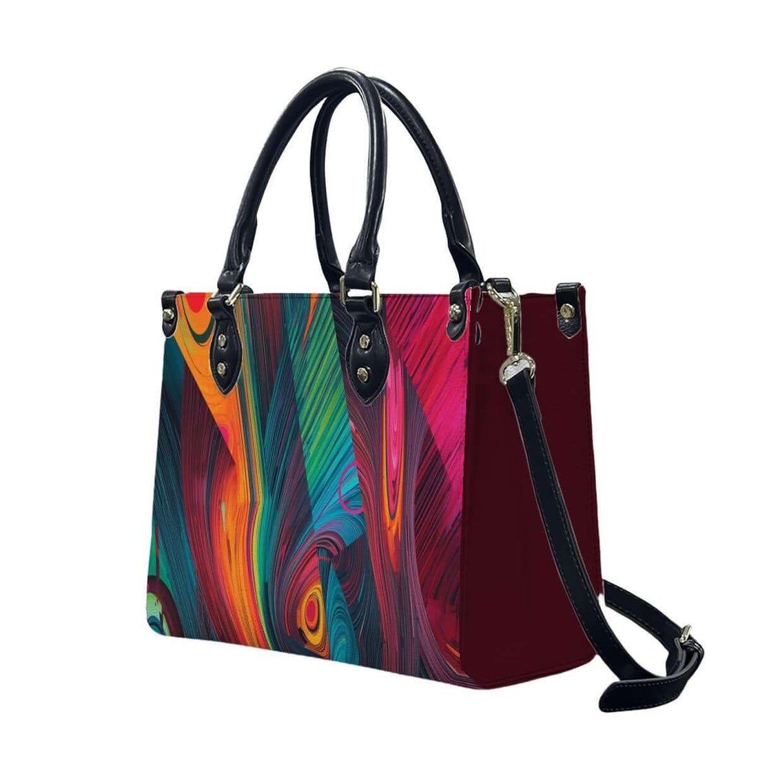 Colorful PU Tote Bag for Women with black handles and UV-printed patterns, showcasing a unique style. Details für PU-Tragetasche für Damen ansehen.