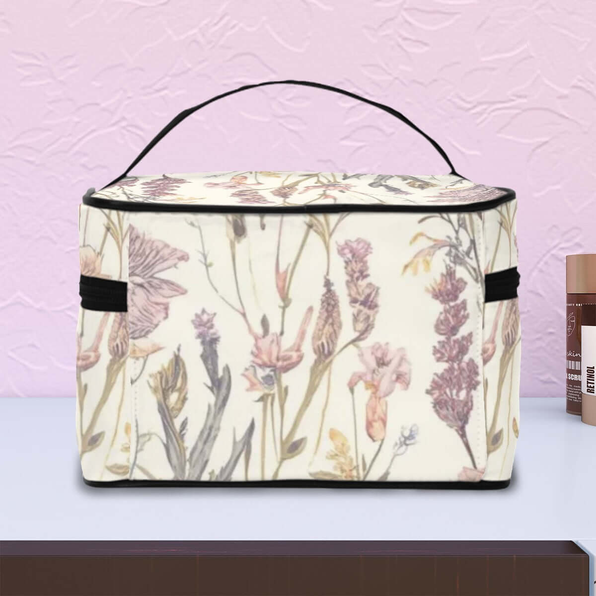 Tragbare Reise-Kosmetiktasche aus Polyester mit Blumendesign, Größe 9,0"x6,7"x6,3", ideal für unterwegs, Details ansehen