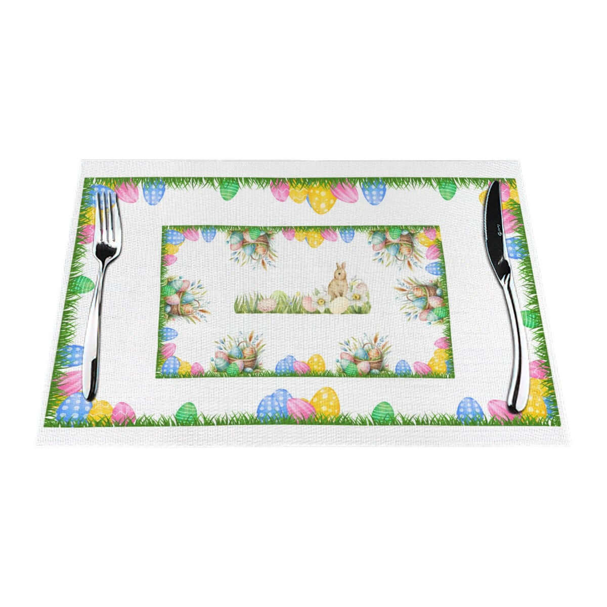 Tischset aus gewebtem PVC mit Osterdesign und Besteck, 70 % PVC und 30 % Polyester, hitzebeständig bis 80 °C, kratzfest.