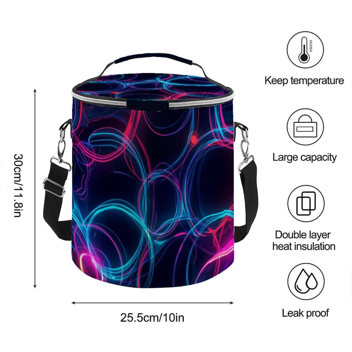 Camping‑Kühltasche - Tragbar, isoliert, wasserdicht, 11,8x10,0 Zoll, Polyester, sublimierter Print mit Neonkreisen, große Kapazität