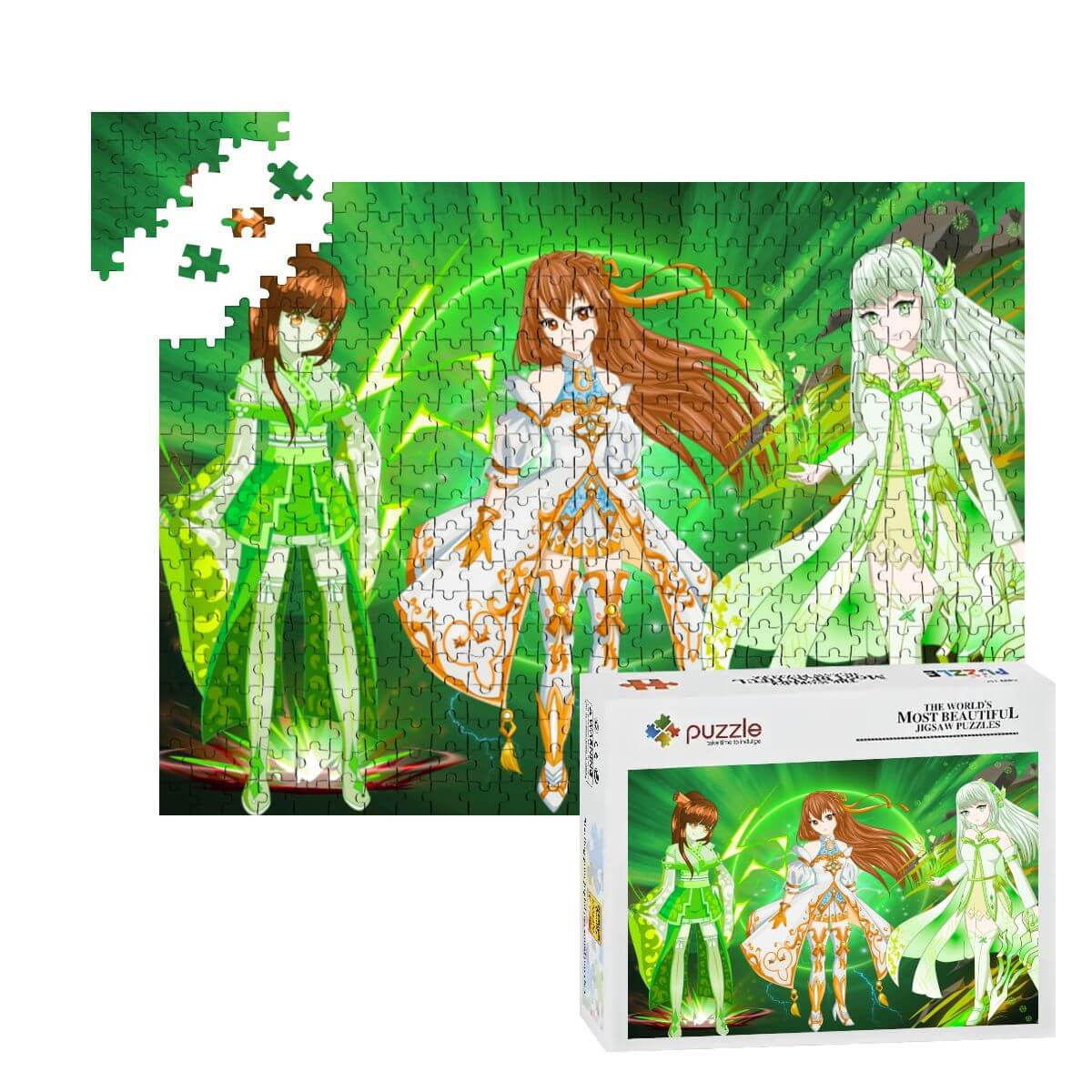 500-teiliges Holzpuzzle (horizontal) mit fantasievollen Figuren auf grünem Hintergrund und Puzzlebox.