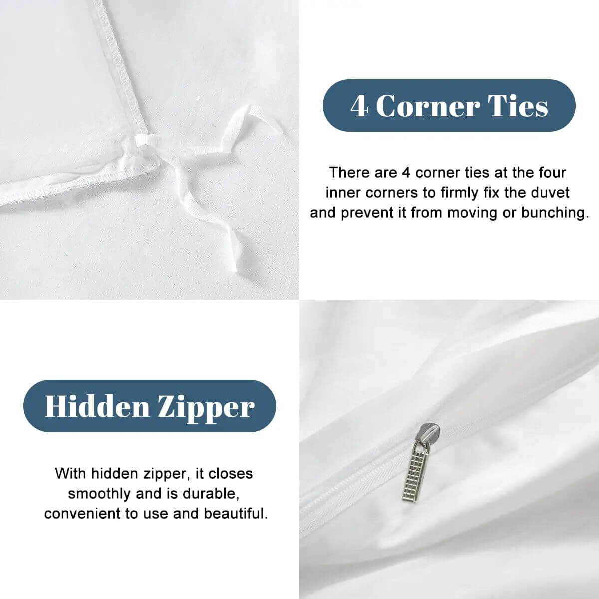 Queen-Bettwäsche-Set with 4 corner ties and hidden zipper detail for secure and stylish duvet fitting.