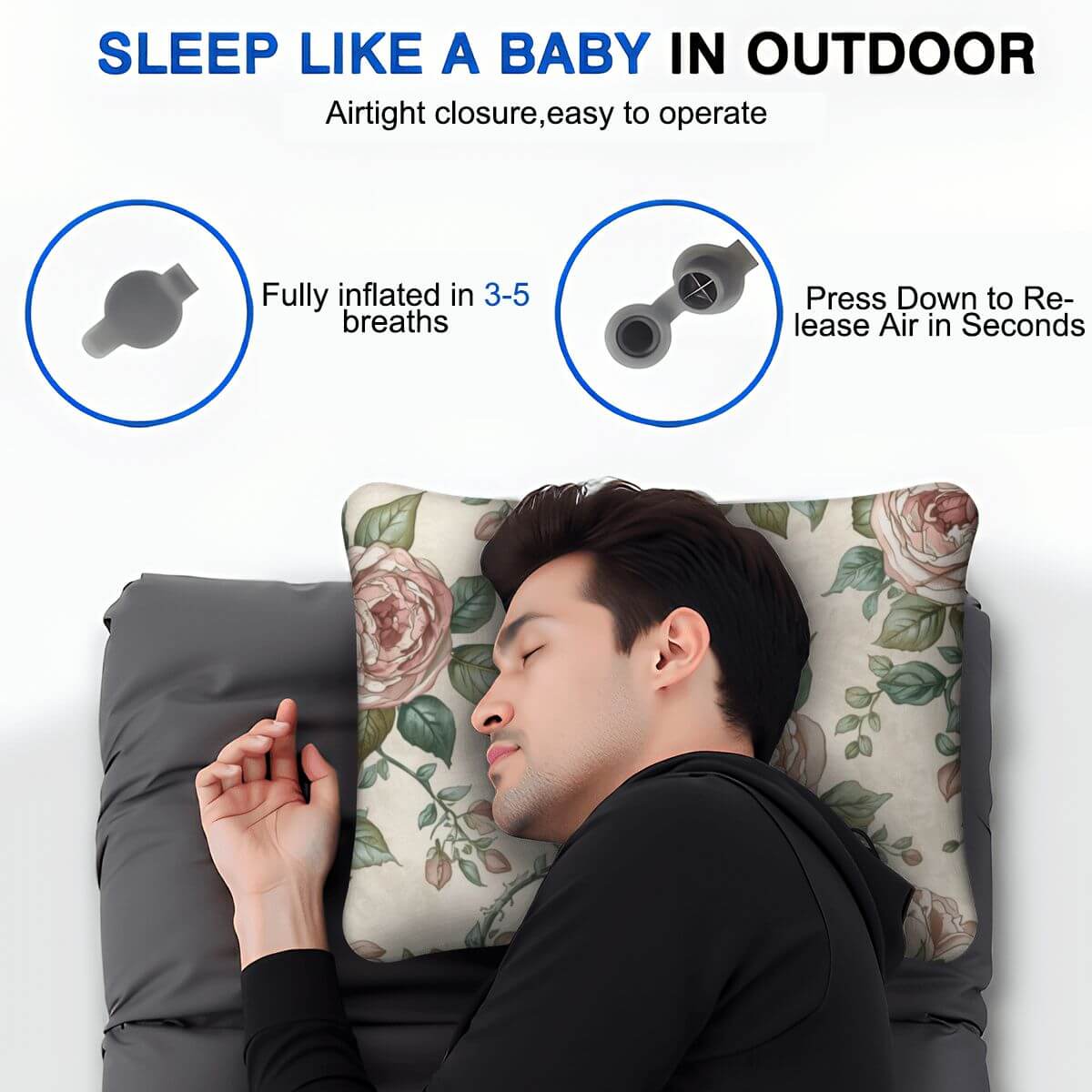 Aufblasbares Campingkissen mit floralem Design, ideal für Outdoor-Komfort, leicht aufblasbar in 3-5 Atemzügen, für erholsamen Schlaf.