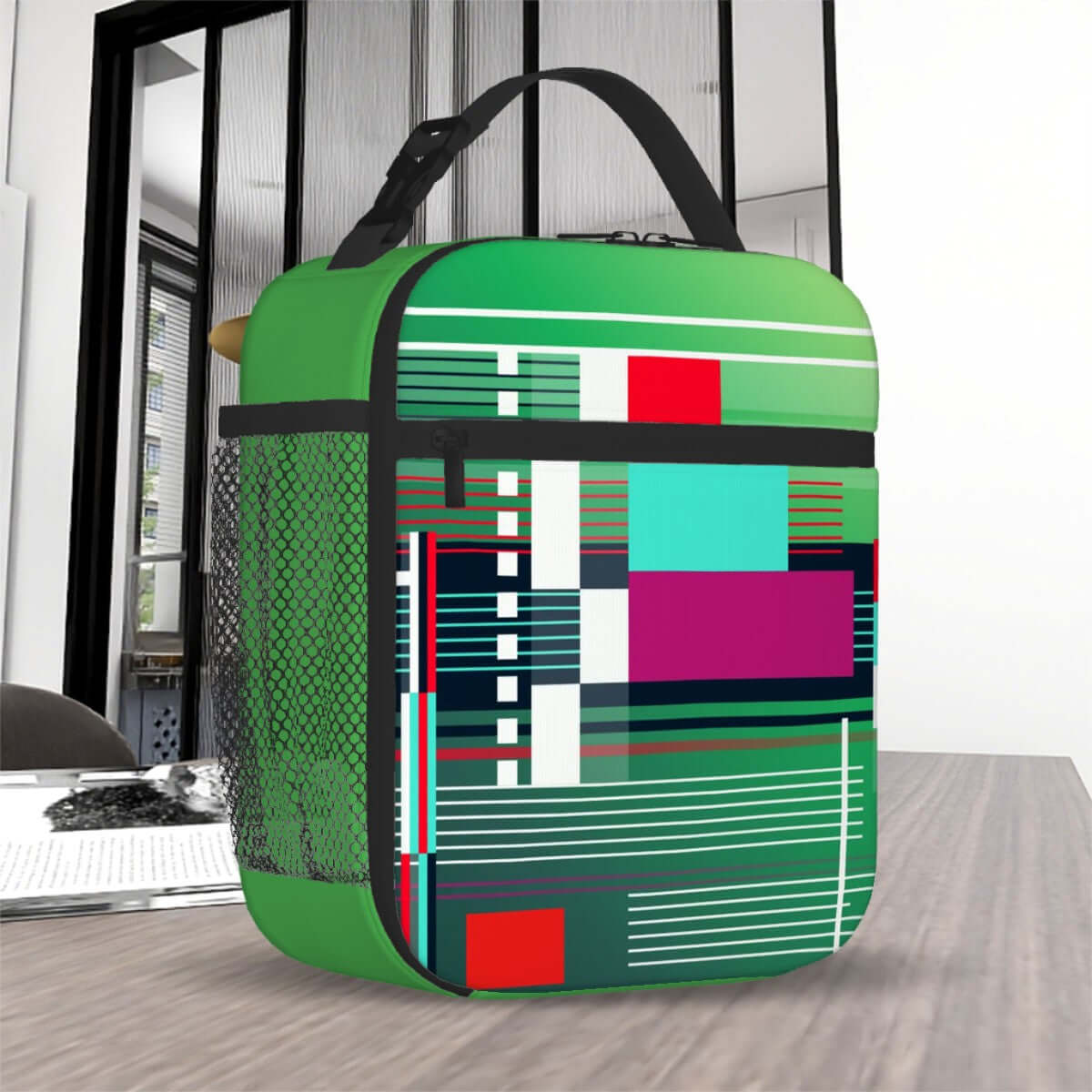 Lunchtasche mit ein schönes Design aus Oxford-Stoff, grün mit farbigen Mustern, ideal für unterwegs oder als Tragbare Reise-Kosmetiktasche.