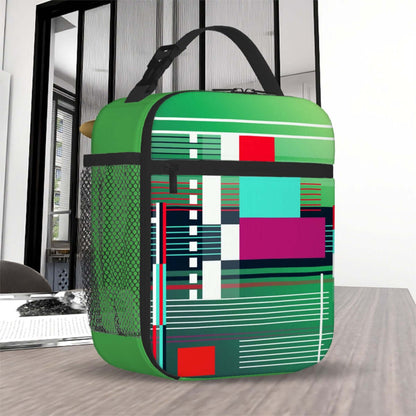 Lunchtasche mit ein schönes Design aus Oxford-Stoff, grün mit farbigen Mustern, ideal für unterwegs oder als Tragbare Reise-Kosmetiktasche.